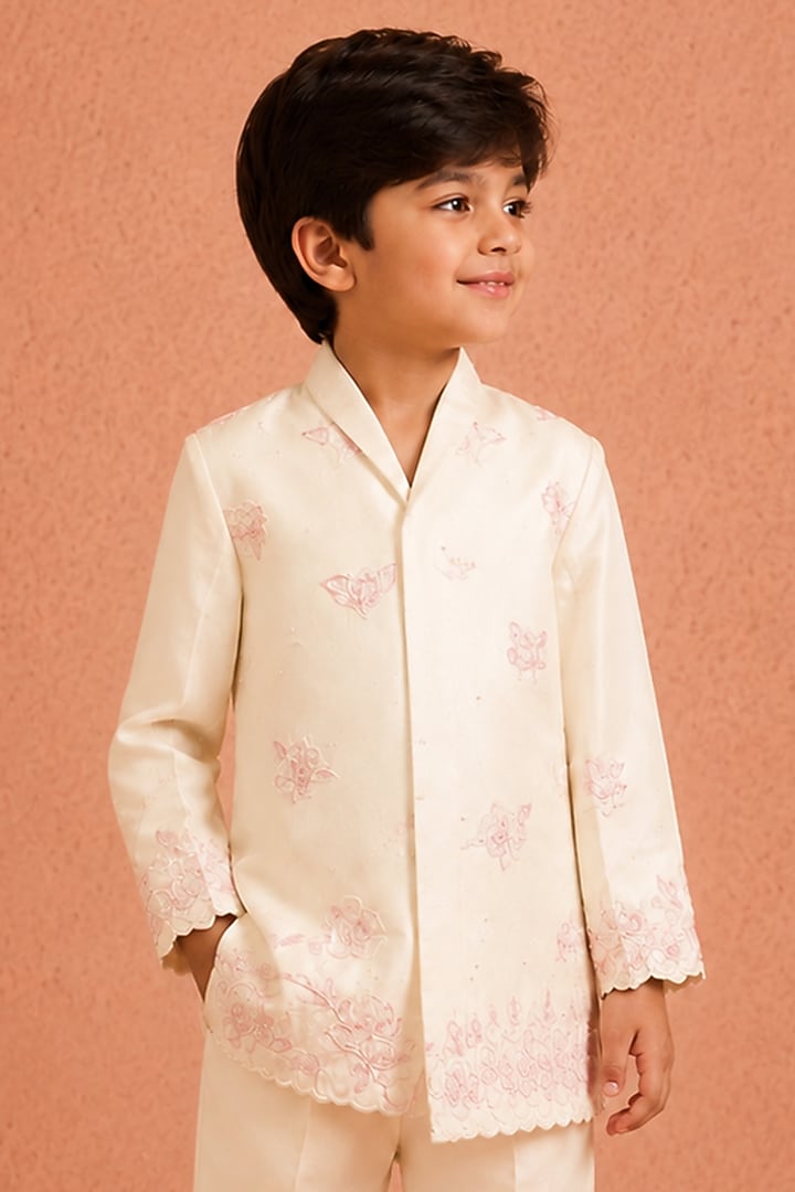 White Silk Chanderi Floral Embroidered Jacket Set For Boys by Tarini Vij Kids at Pernia's Pop Up Shop