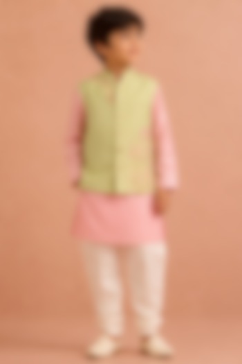 Mint Silk Chanderi Lotus Embroidered Nehru Jacket Set For Boys by Tarini Vij Kids at Pernia's Pop Up Shop