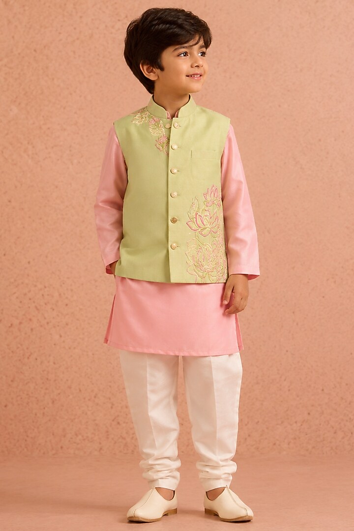 Mint Silk Chanderi Lotus Embroidered Nehru Jacket Set For Boys by Tarini Vij Kids at Pernia's Pop Up Shop