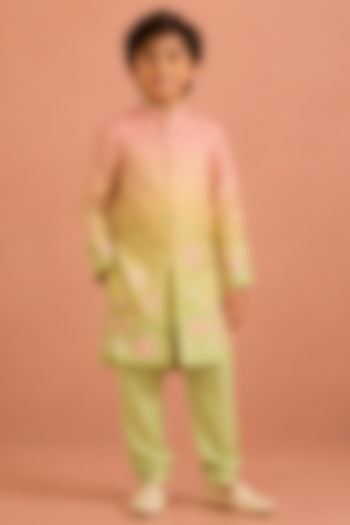 Mint Ombre Silk Chanderi Lotus Embroidered Sherwani Set For Boys by Tarini Vij Kids at Pernia's Pop Up Shop