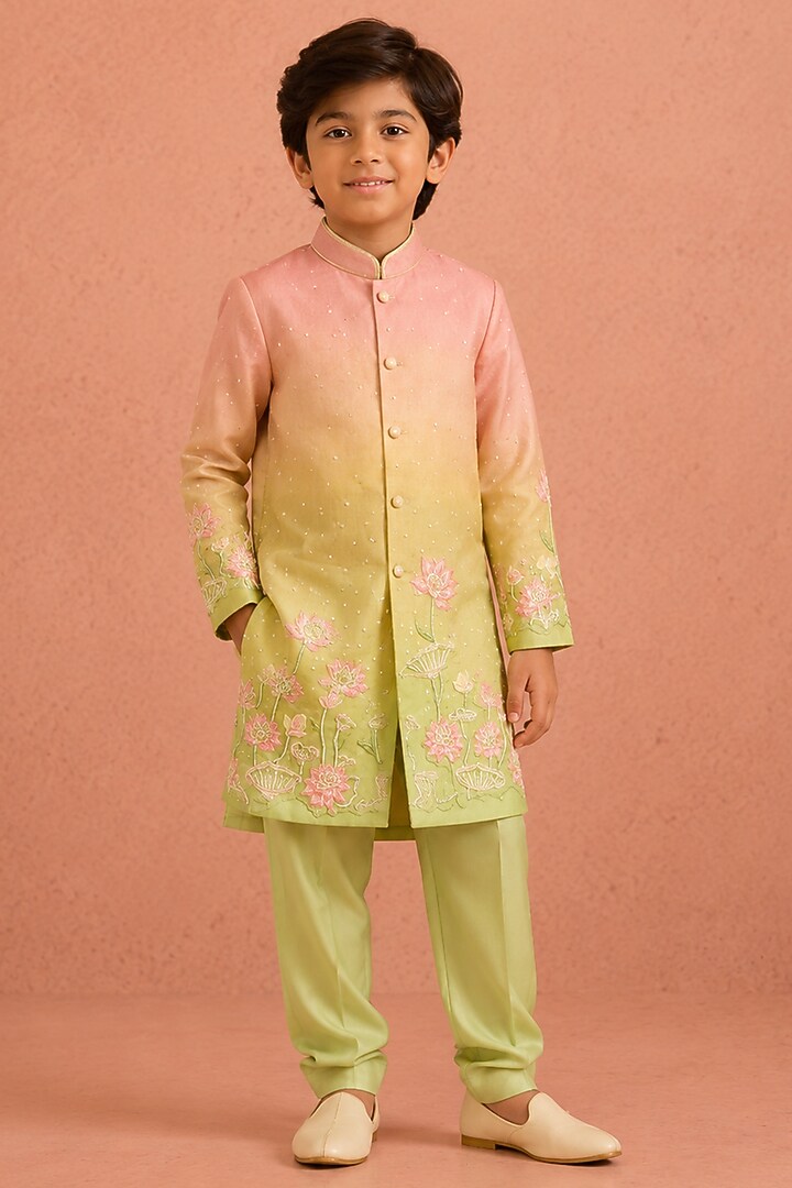 Mint Ombre Silk Chanderi Lotus Embroidered Sherwani Set For Boys by Tarini Vij Kids at Pernia's Pop Up Shop