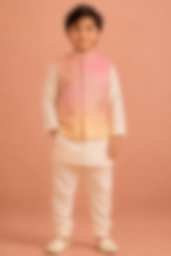 Blush Pink Ombre Silk Chanderi Floral Embroidered Nehru Jacket Set For Boys by Tarini Vij Kids at Pernia's Pop Up Shop