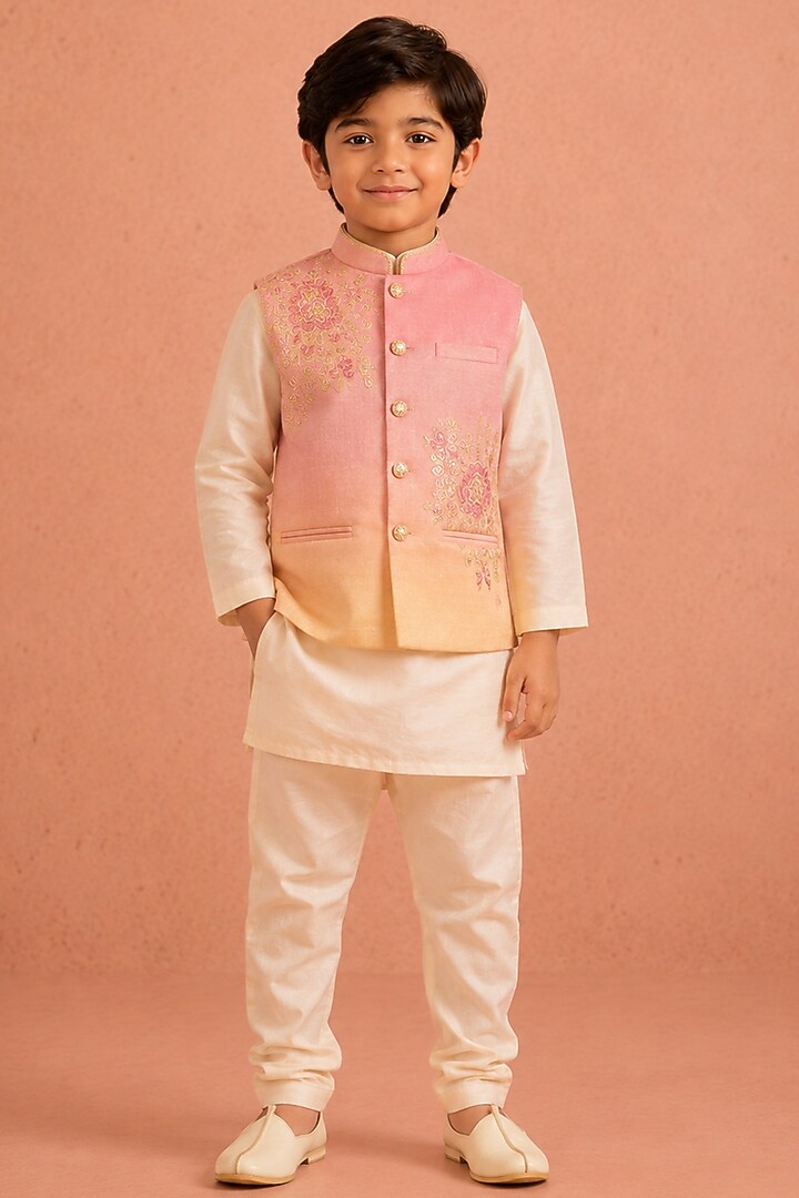Blush Pink Ombre Silk Chanderi Floral Embroidered Nehru Jacket Set For Boys by Tarini Vij Kids at Pernia's Pop Up Shop