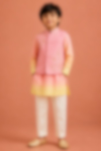 Blush Pink Silk Chanderi Floral Embroidered Nehru Jacket Set For Boys by Tarini Vij Kids at Pernia's Pop Up Shop