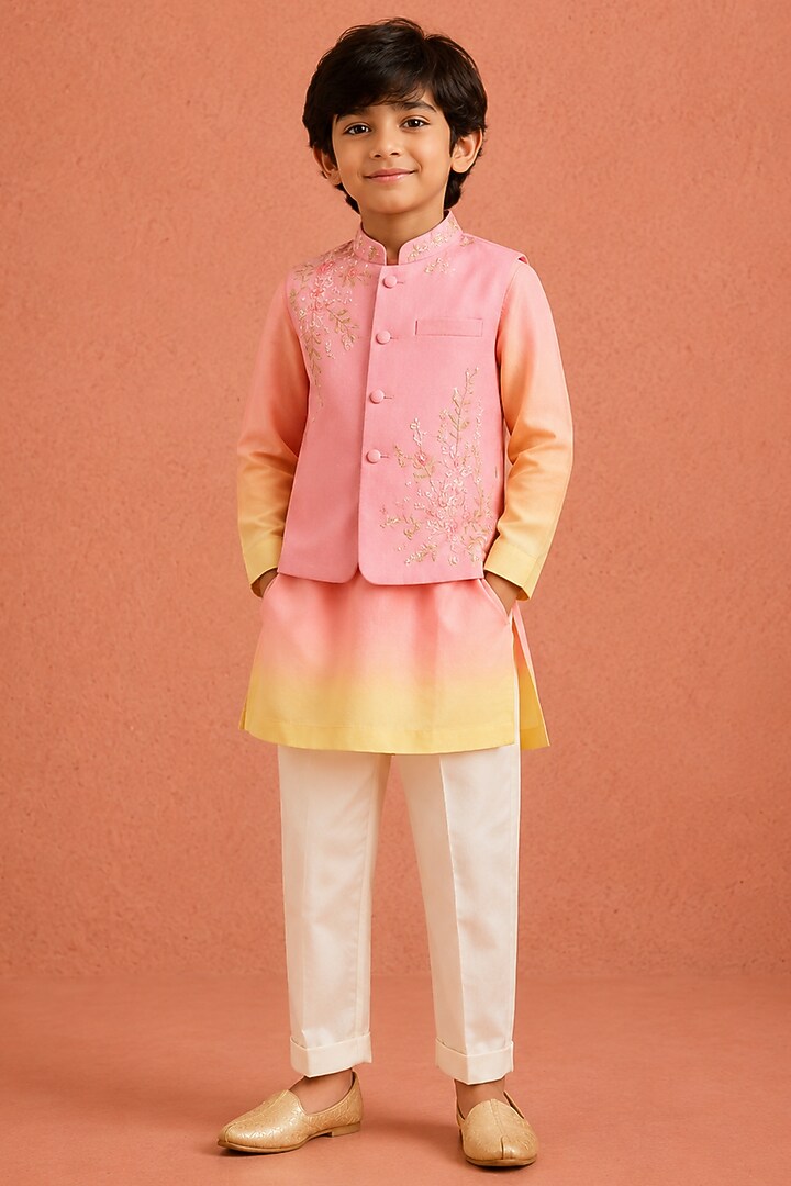 Blush Pink Silk Chanderi Floral Embroidered Nehru Jacket Set For Boys by Tarini Vij Kids at Pernia's Pop Up Shop