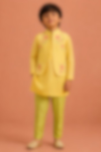 Sunshine Yellow Silk Chanderi Floral Embroidered Nehru Jacket Set For Boys by Tarini Vij Kids at Pernia's Pop Up Shop