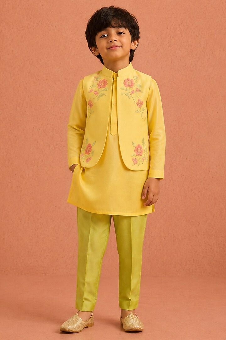 Sunshine Yellow Silk Chanderi Floral Embroidered Nehru Jacket Set For Boys by Tarini Vij Kids at Pernia's Pop Up Shop