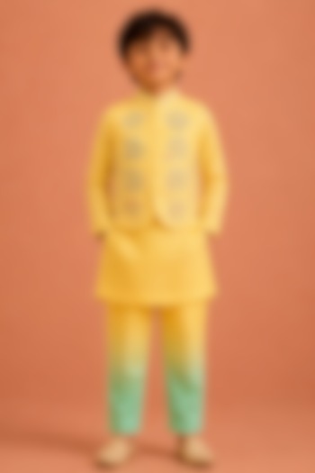 Sunshine Yellow Silk Chanderi Floral Embroidered Nehru Jacket Set For Boys by Tarini Vij Kids at Pernia's Pop Up Shop