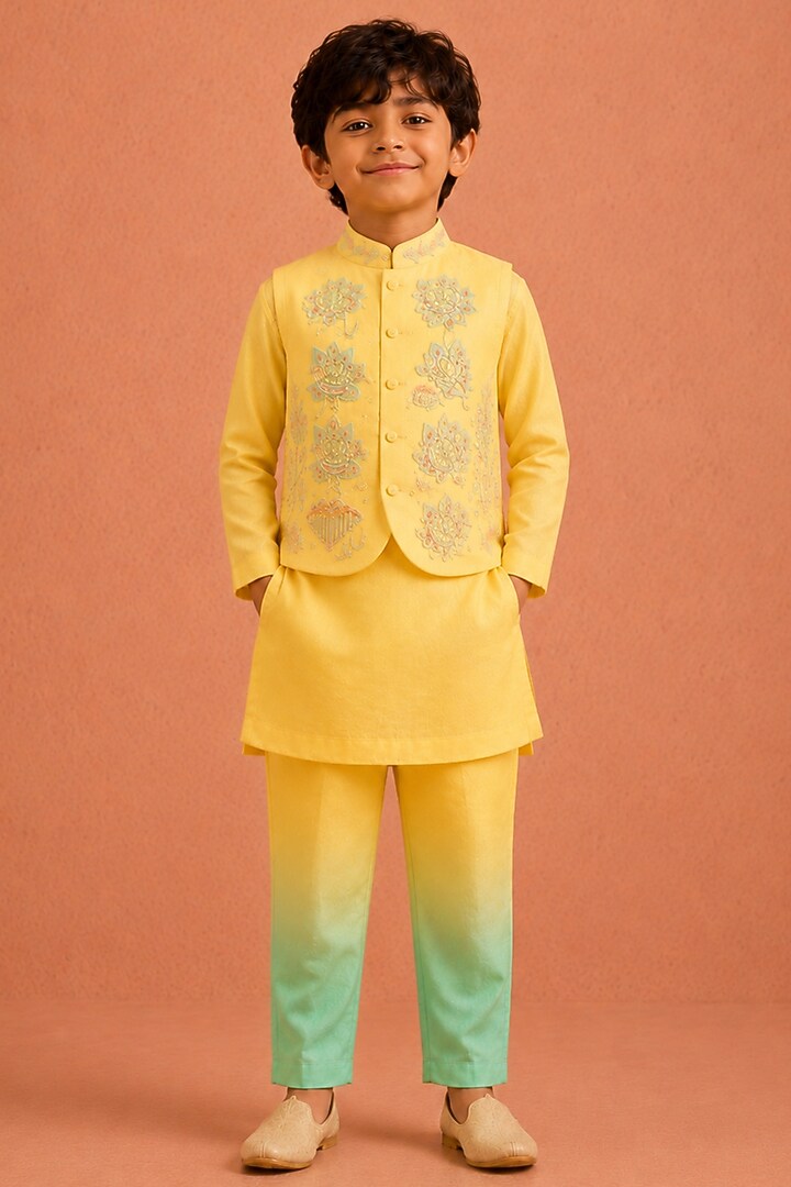 Sunshine Yellow Silk Chanderi Floral Embroidered Nehru Jacket Set For Boys by Tarini Vij Kids at Pernia's Pop Up Shop