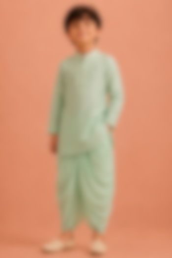 Turquoise Silk Chanderi Pearl Embroidered Asymmetrical Kurta Set For Boys by Tarini Vij Kids at Pernia's Pop Up Shop