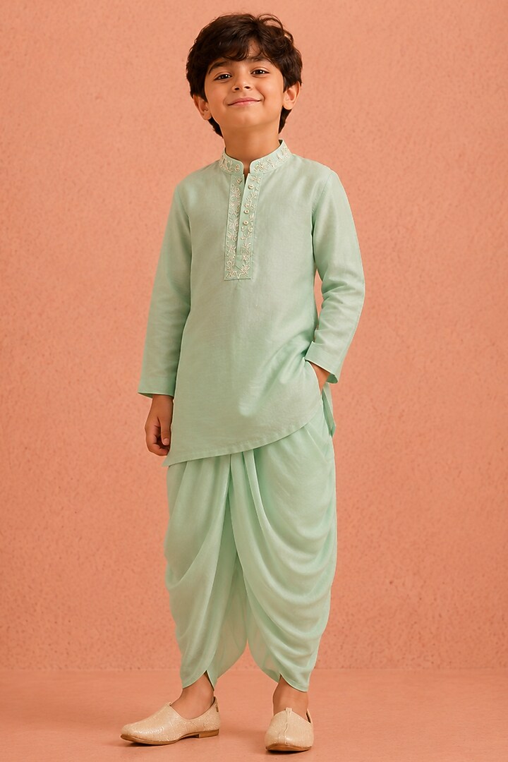 Turquoise Silk Chanderi Pearl Embroidered Asymmetrical Kurta Set For Boys by Tarini Vij Kids at Pernia's Pop Up Shop