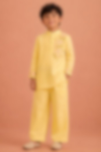Yellow Silk Chanderi Floral Embroidered Kurta Set For Boys by Tarini Vij Kids at Pernia's Pop Up Shop