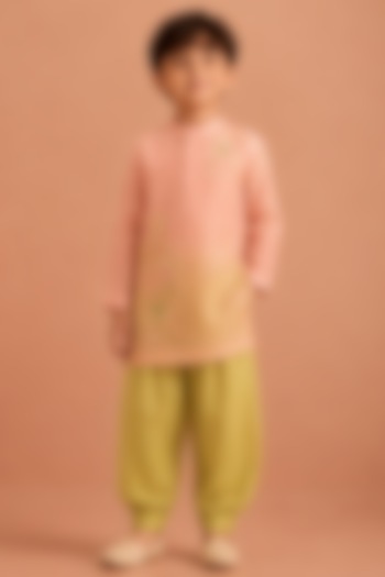Soft Pink Ombre Silk Chanderi Floral Embroidered Kurta Set For Boys by Tarini Vij Kids at Pernia's Pop Up Shop