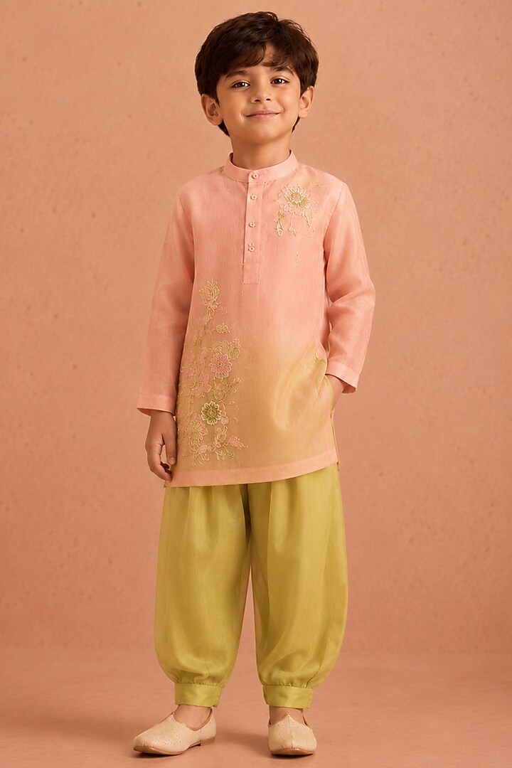 Soft Pink Ombre Silk Chanderi Floral Embroidered Kurta Set For Boys by Tarini Vij Kids at Pernia's Pop Up Shop