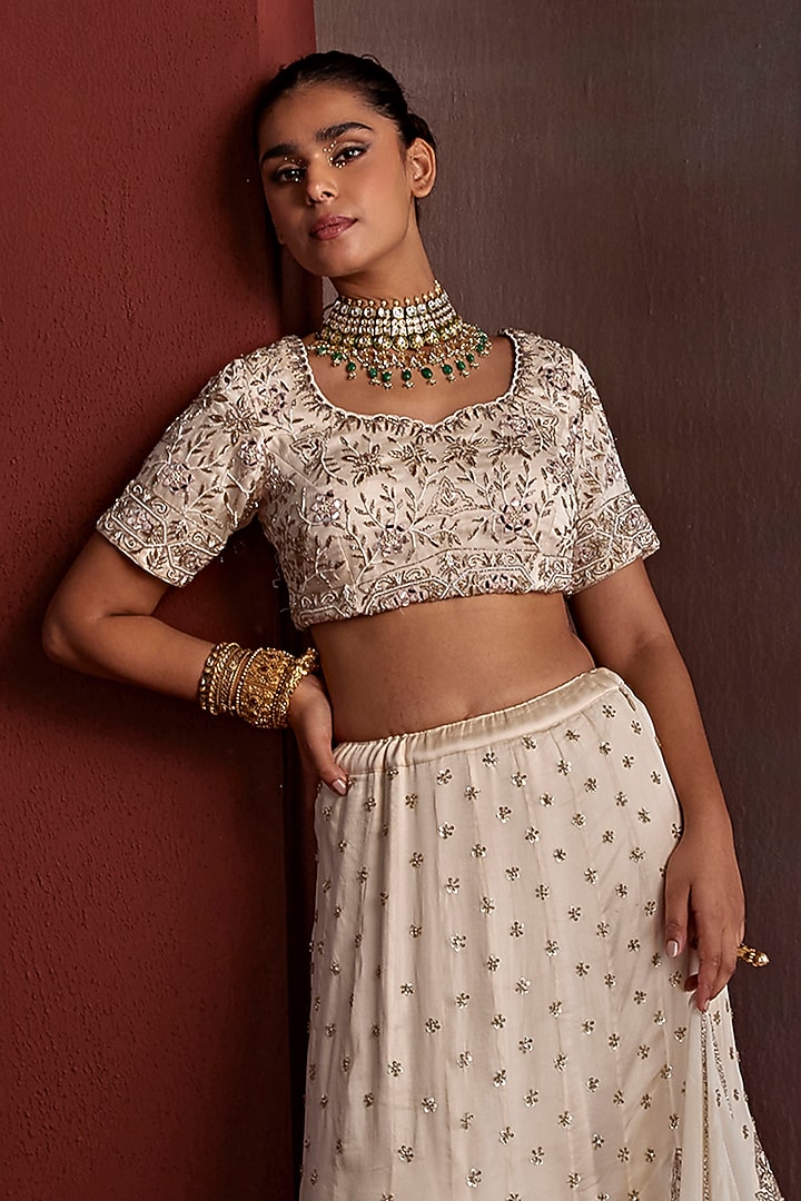 Gold Pure Silk Organza Mirror & Dabka Hand Embroidered Bridal Lehenga Set by TARINI VIJ at Pernia's Pop Up Shop
