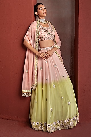 Blush Pink Georgette Bead & Mirror Hand Embroidered Shaded Lehenga Set by TARINI VIJ