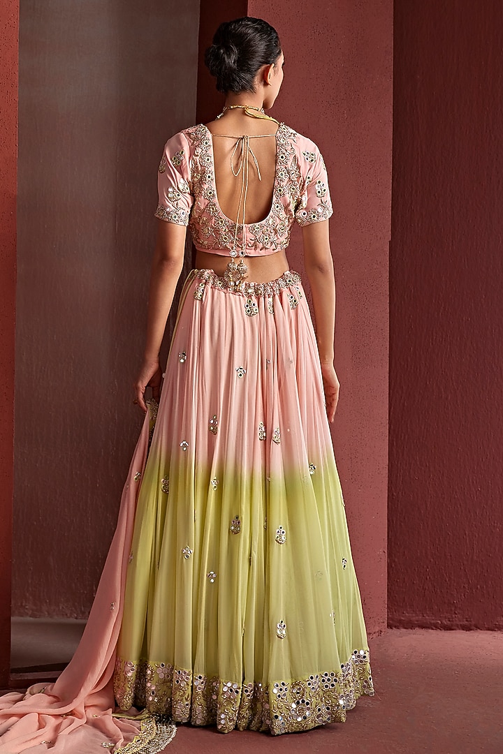 Blush Pink Georgette Bead & Mirror Hand Embroidered Shaded Wedding Lehenga Set by TARINI VIJ at Pernia's Pop Up Shop
