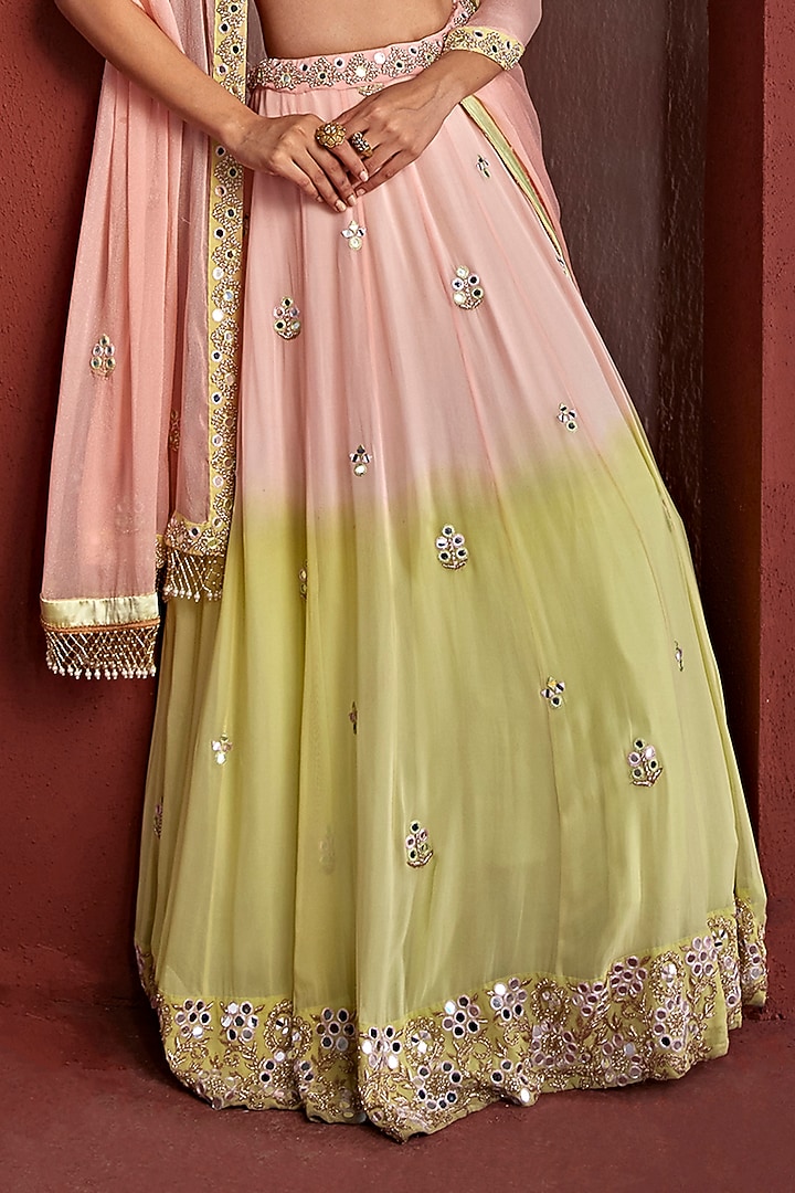 Blush Pink Georgette Bead & Mirror Hand Embroidered Shaded Wedding Lehenga Set by TARINI VIJ at Pernia's Pop Up Shop