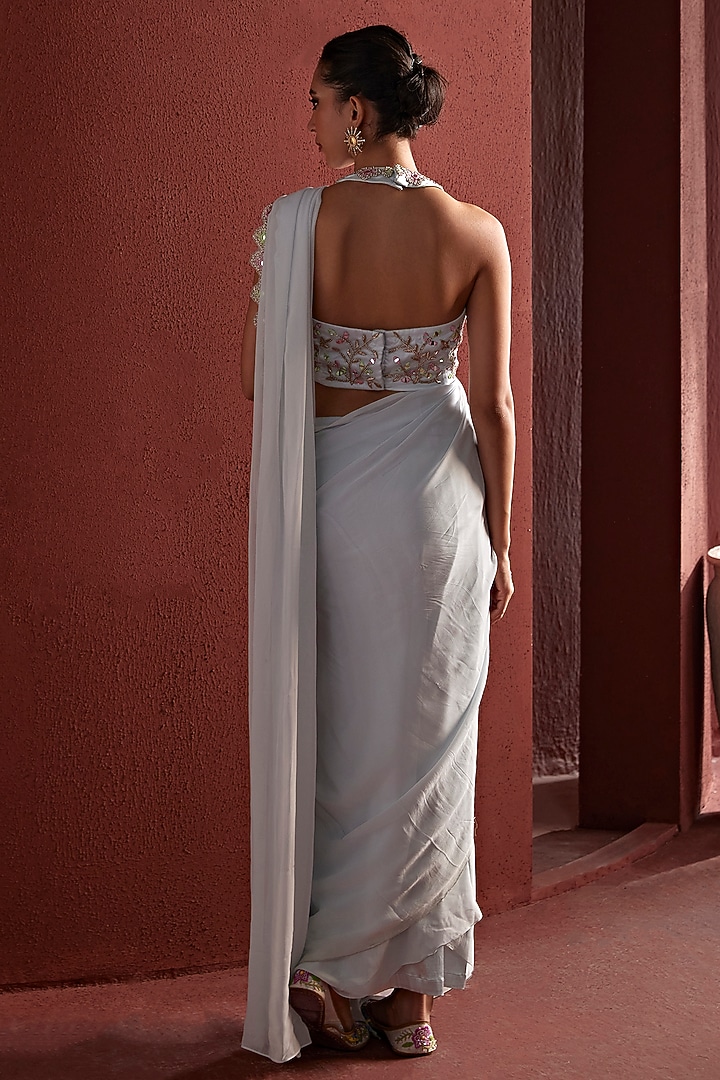 Powder Blue Georgette Mirror & Dabka Hand Embroidered Draped Wedding Saree Set by TARINI VIJ at Pernia's Pop Up Shop