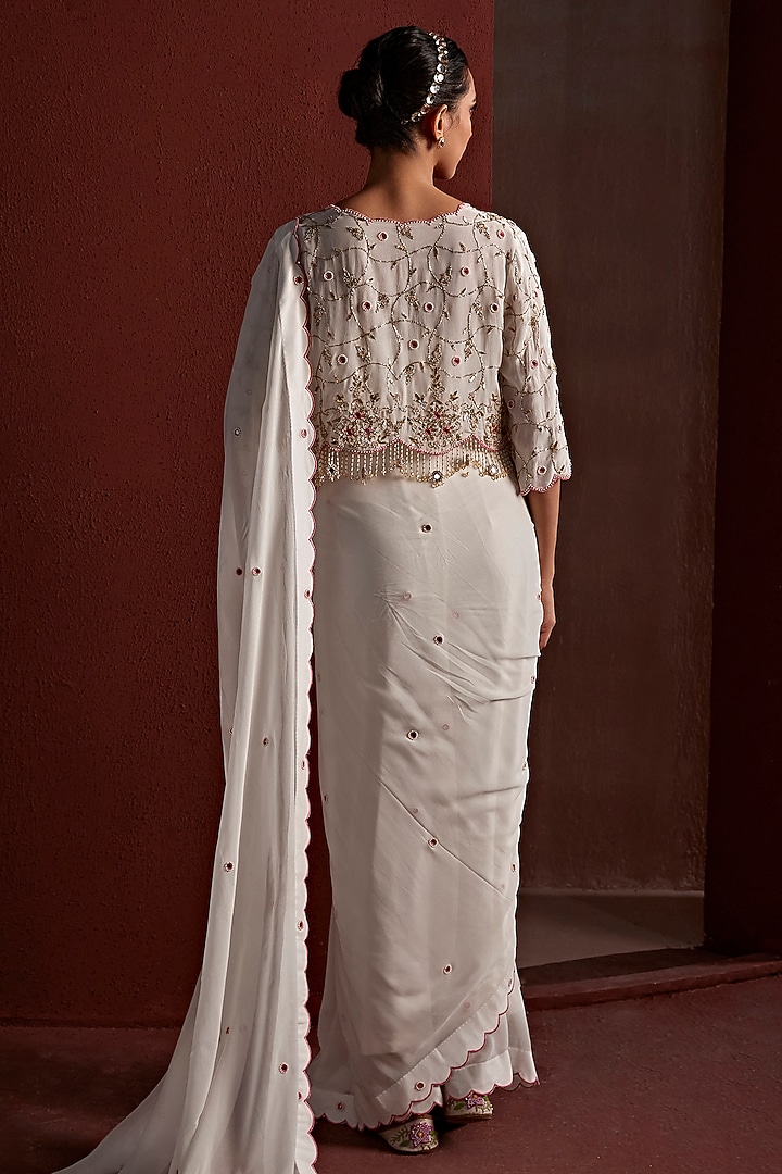 White Georgette Resham & Pitta Hand Embroidered Pre-Draped Jacket Party Wear Saree Set by TARINI VIJ at Pernia's Pop Up Shop