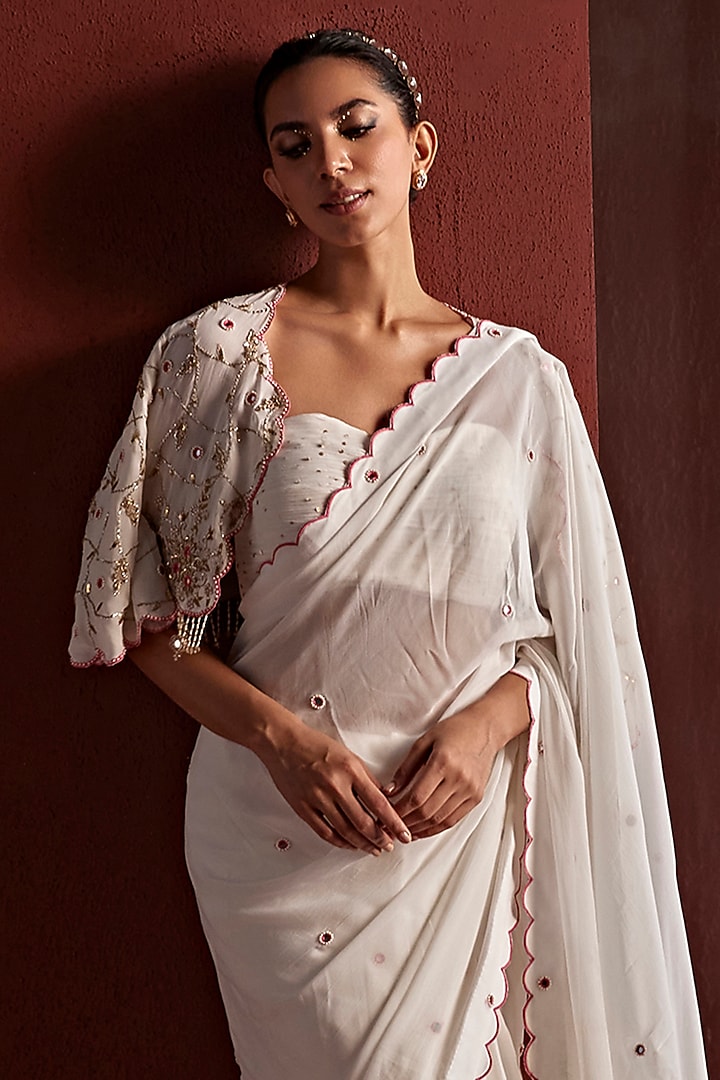 White Georgette Resham & Pitta Hand Embroidered Pre-Draped Jacket Party Wear Saree Set by TARINI VIJ at Pernia's Pop Up Shop