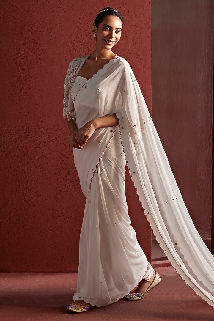 White Georgette Resham & Pitta Hand Embroidered Pre-Draped Jacket Party Wear Saree Set by TARINI VIJ at Pernia's Pop Up Shop