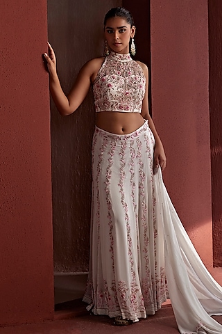 White Georgette Resham & Bead Hand Embroidered Kalidar Lehenga Set by TARINI VIJ