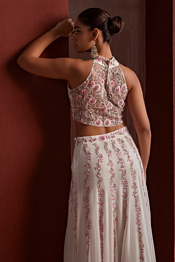 White Georgette Resham & Bead Hand Embroidered Kalidar Wedding Lehenga Set by TARINI VIJ at Pernia's Pop Up Shop