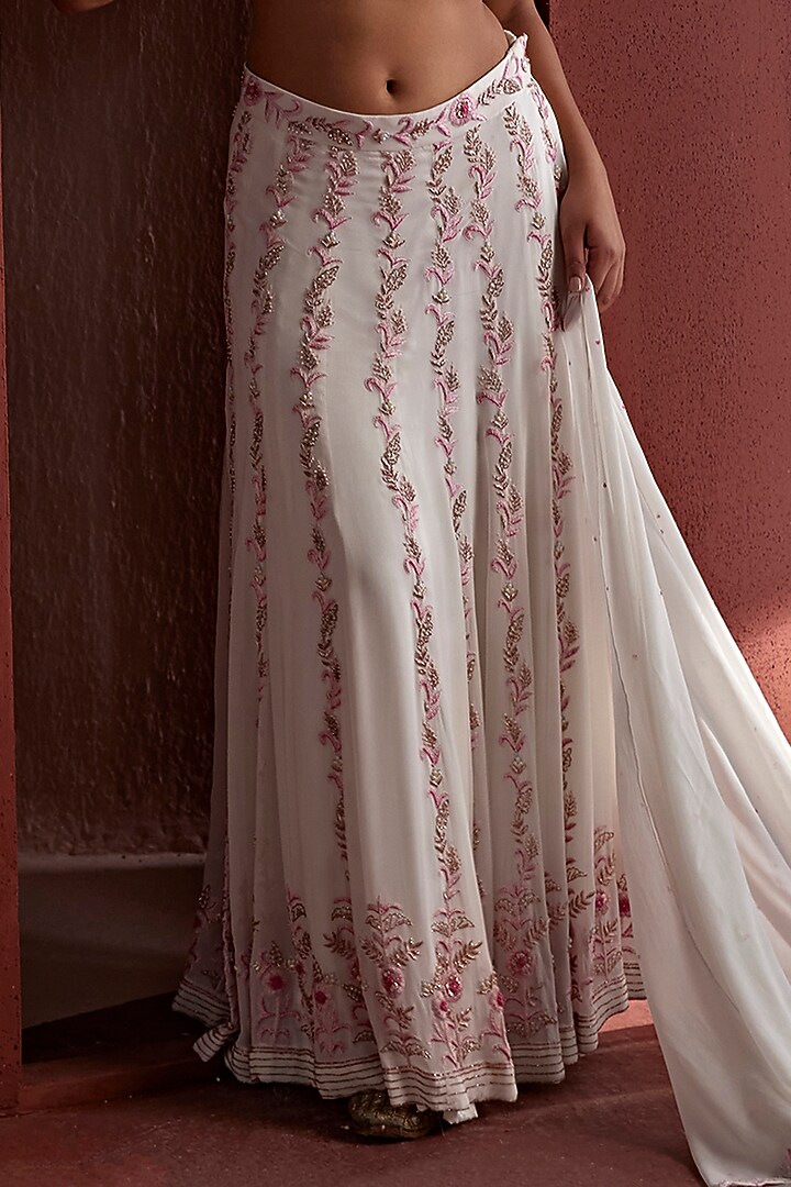 White Georgette Resham & Bead Hand Embroidered Kalidar Wedding Lehenga Set by TARINI VIJ at Pernia's Pop Up Shop