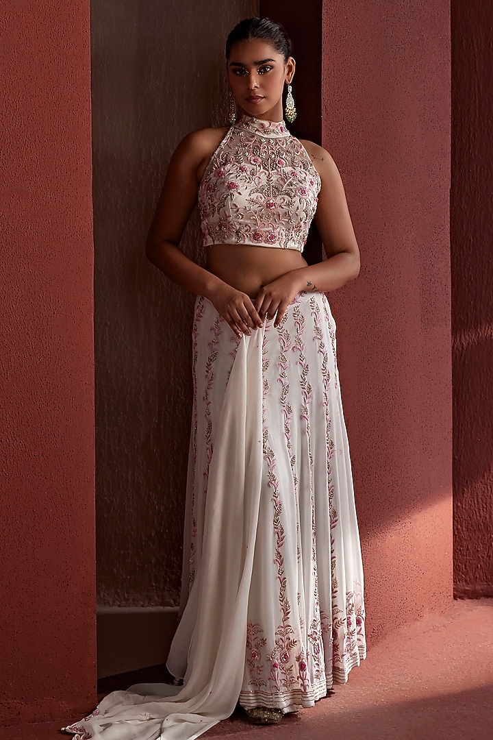 White Georgette Resham & Bead Hand Embroidered Kalidar Wedding Lehenga Set by TARINI VIJ at Pernia's Pop Up Shop