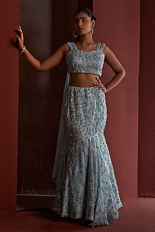 Powder Blue Pure Organza Sequins & Dabka Hand Embroidered Fish-Cut Lehenga Set by TARINI VIJ