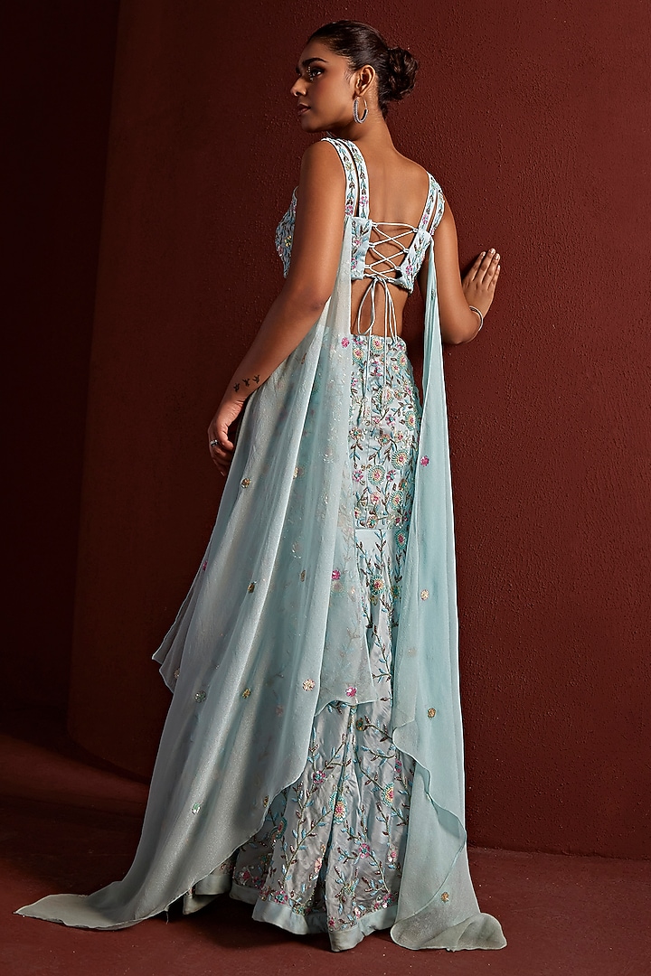 Powder Blue Pure Organza Sequins & Dabka Hand Embroidered Fish-Cut Wedding Lehenga Set by TARINI VIJ at Pernia's Pop Up Shop