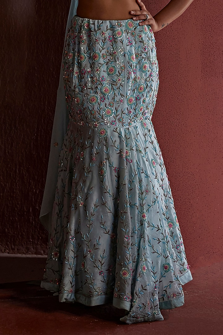 Powder Blue Pure Organza Sequins & Dabka Hand Embroidered Fish-Cut Wedding Lehenga Set by TARINI VIJ at Pernia's Pop Up Shop