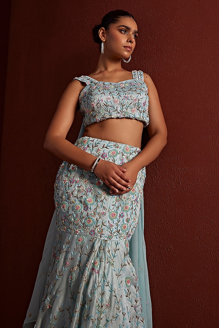 Powder Blue Pure Organza Sequins & Dabka Hand Embroidered Fish-Cut Wedding Lehenga Set by TARINI VIJ at Pernia's Pop Up Shop