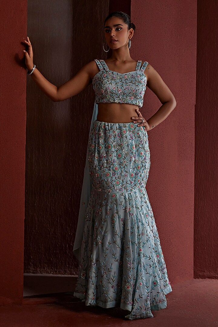 Powder Blue Pure Organza Sequins & Dabka Hand Embroidered Fish-Cut Wedding Lehenga Set by TARINI VIJ at Pernia's Pop Up Shop