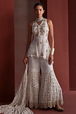White Georgette Beads Hand Embroidered Sharara Set by TARINI VIJ