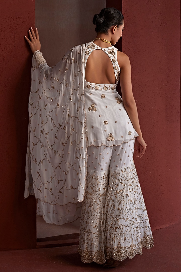 White Georgette Beads Hand Embroidered Bridal Sharara Set by TARINI VIJ at Pernia's Pop Up Shop