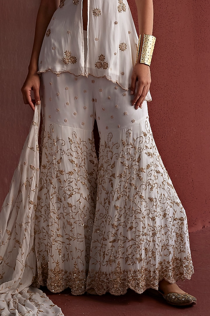 White Georgette Beads Hand Embroidered Bridal Sharara Set by TARINI VIJ at Pernia's Pop Up Shop