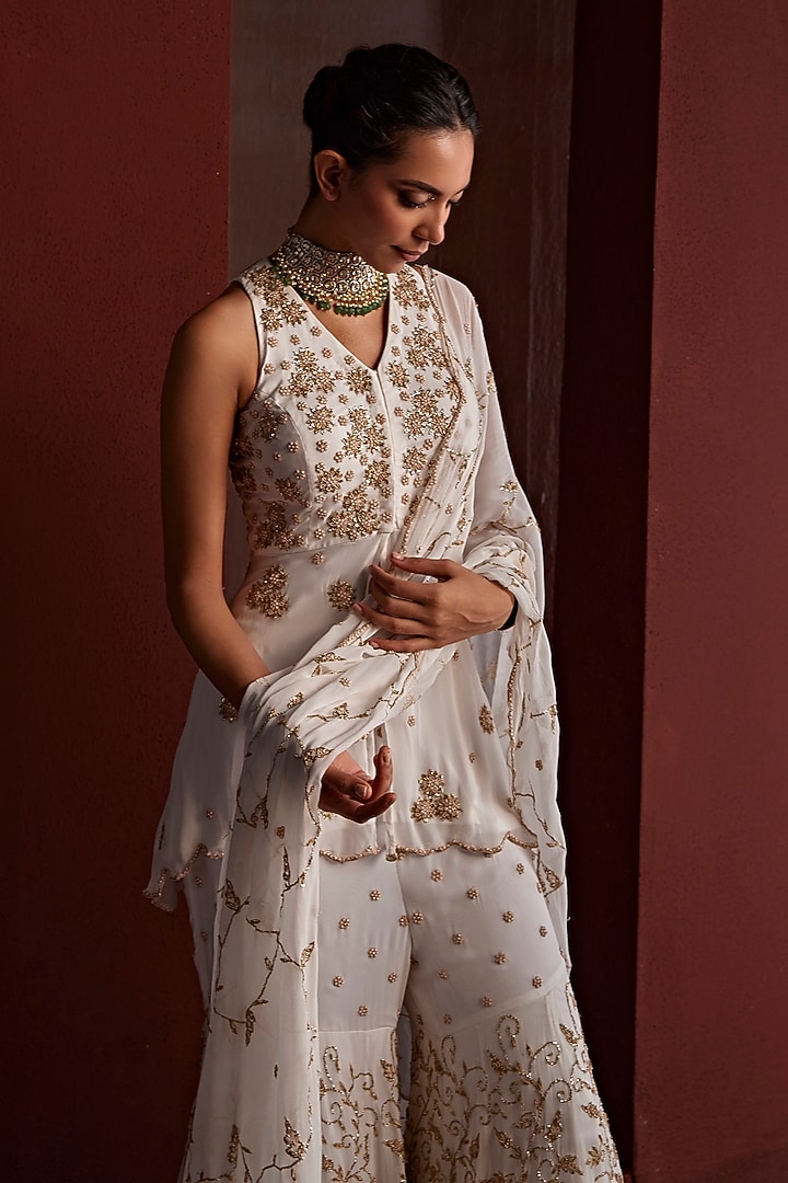 White Georgette Beads Hand Embroidered Bridal Sharara Set by TARINI VIJ at Pernia's Pop Up Shop