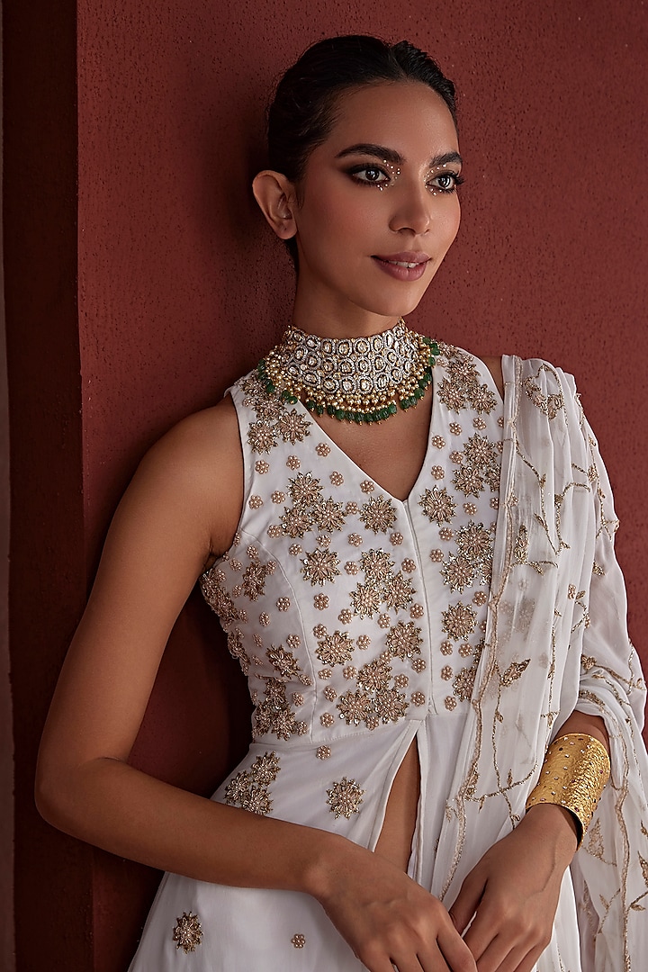 White Georgette Beads Hand Embroidered Bridal Sharara Set by TARINI VIJ at Pernia's Pop Up Shop