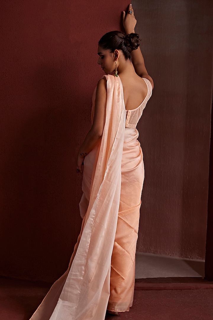 Peach Organza Cutdana & Sequins Hand Embroidered Pre-Stitched Shaded Party Wear Saree Set by TARINI VIJ at Pernia's Pop Up Shop