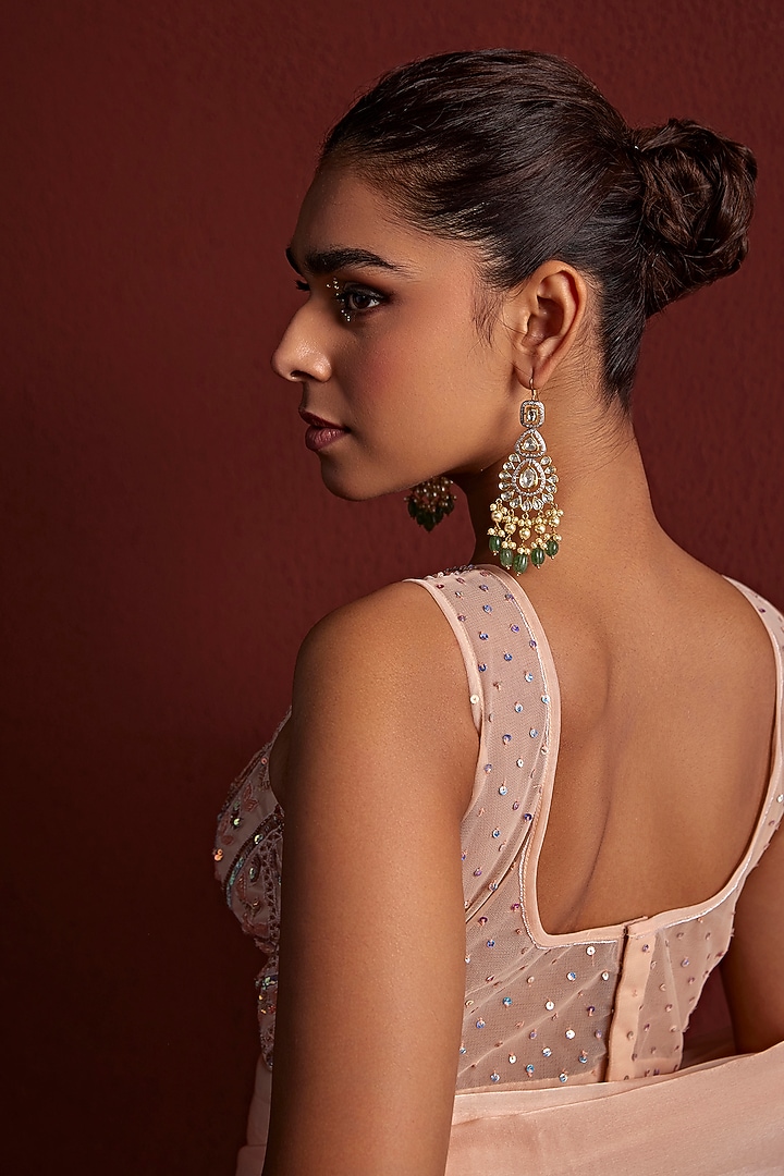 Peach Organza Cutdana & Sequins Hand Embroidered Pre-Stitched Shaded Party Wear Saree Set by TARINI VIJ at Pernia's Pop Up Shop