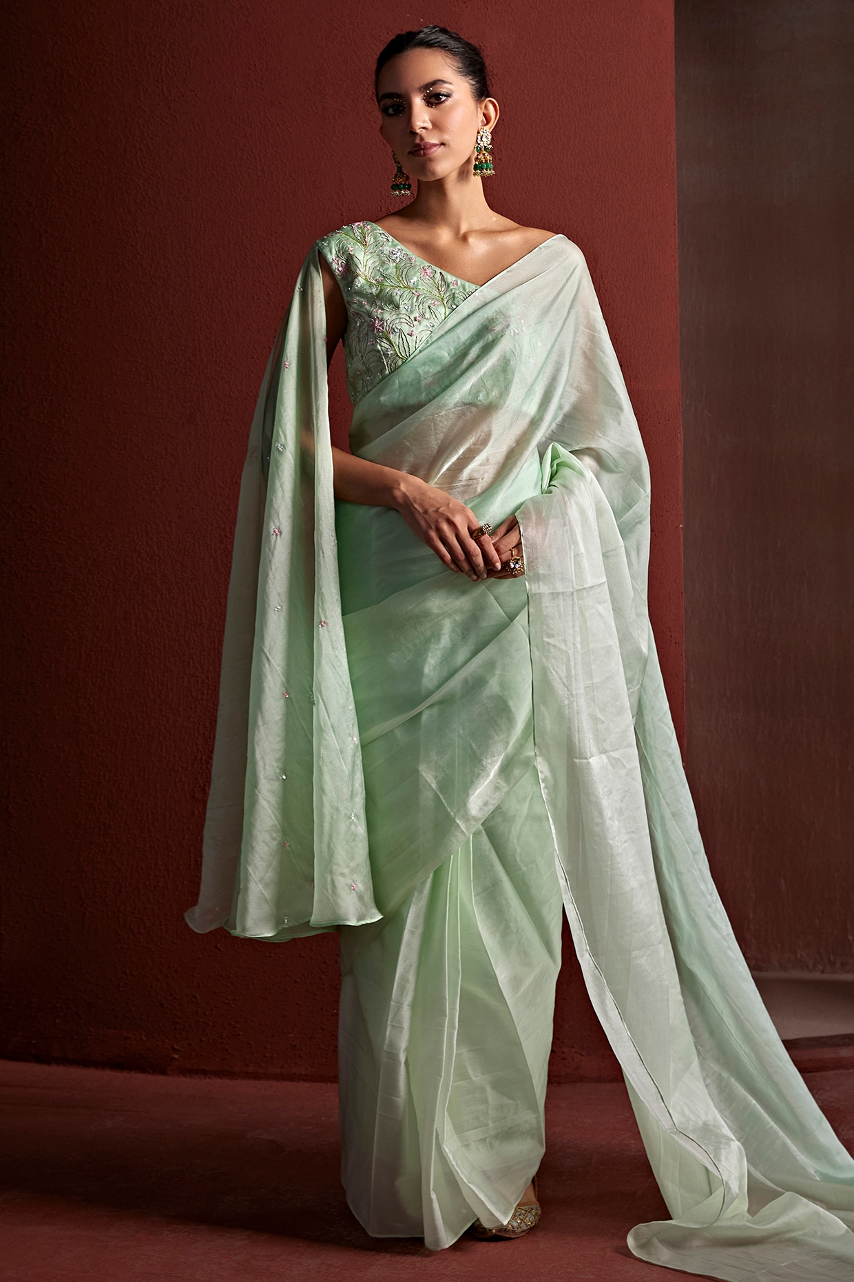 Sea Green Color Crepe Resham Work Saree