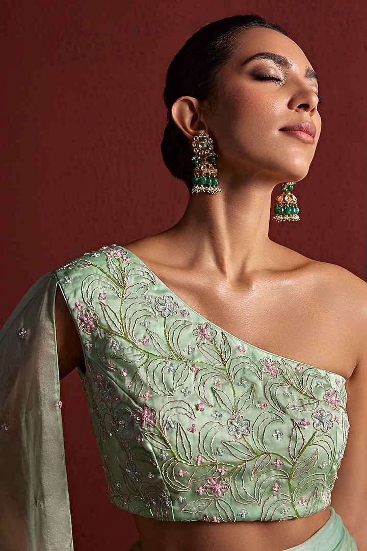 Mint Organza Cutdana & Sequins Hand Embroidered Pre-Stitched Shaded Party Wear Saree Set by TARINI VIJ at Pernia's Pop Up Shop