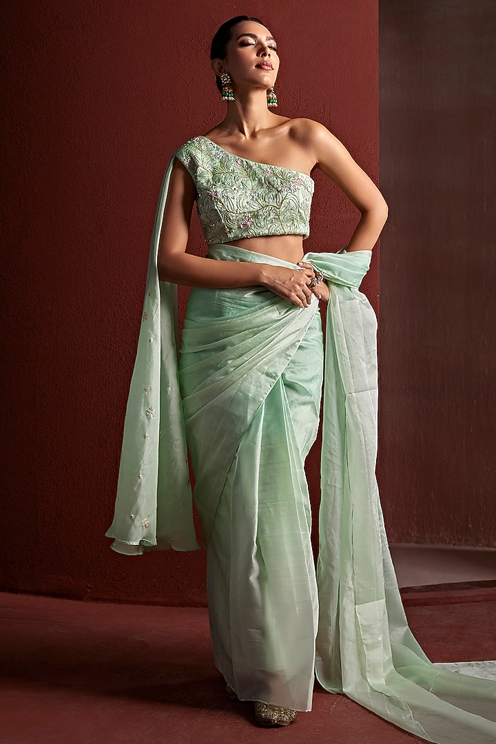 Mint Organza Cutdana & Sequins Hand Embroidered Pre-Stitched Shaded Party Wear Saree Set by TARINI VIJ at Pernia's Pop Up Shop