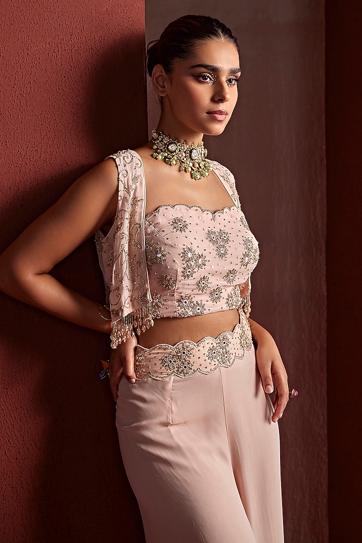 Peach Georgette Mirror & Sequins Hand Embroidered Jacket Set by TARINI VIJ at Pernia's Pop Up Shop