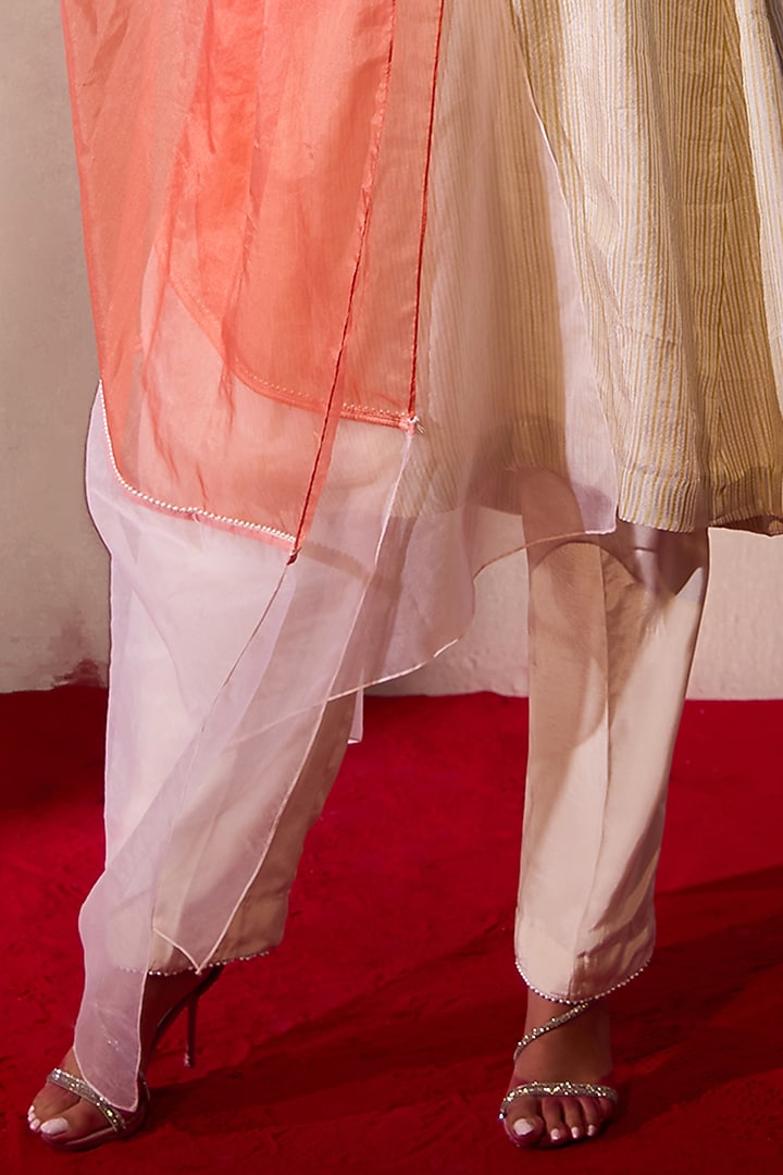 White Striped Tissue Embroidered Kurta Set by TARINI VIJ at Pernia's Pop Up Shop