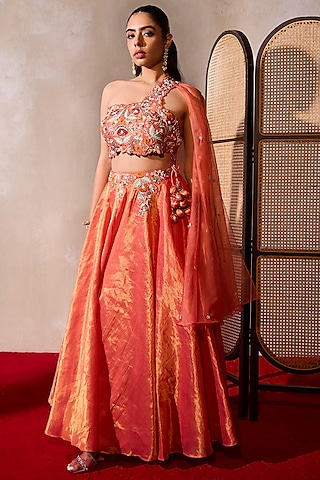 Orange Tissue Sequins Embroidered Lehenga Set by TARINI VIJ