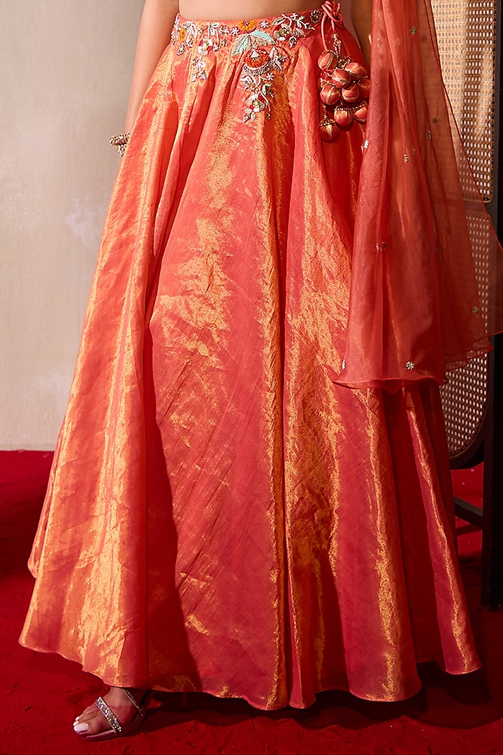 Orange Tissue Sequins Embroidered Wedding Lehenga Set by TARINI VIJ at Pernia's Pop Up Shop