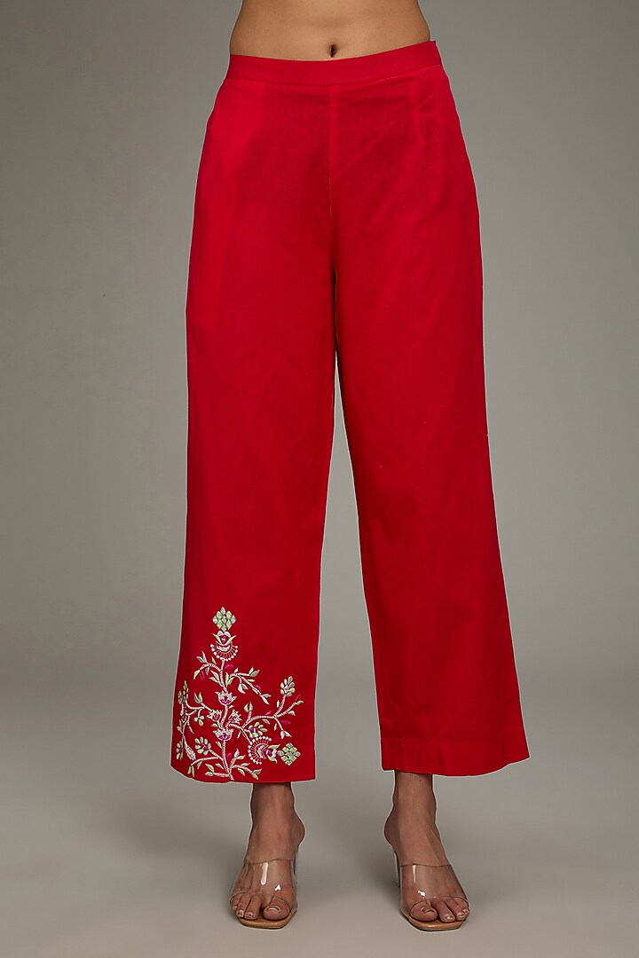 Red Cotton Linen Hand & Machine Embroidered One-Shoulder Kurta Set by TARINI VIJ at Pernia's Pop Up Shop